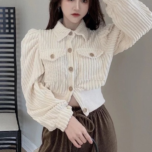 Corduroy jacket sweater bomber pocket ivory cream button womens - Picture 4 of 11